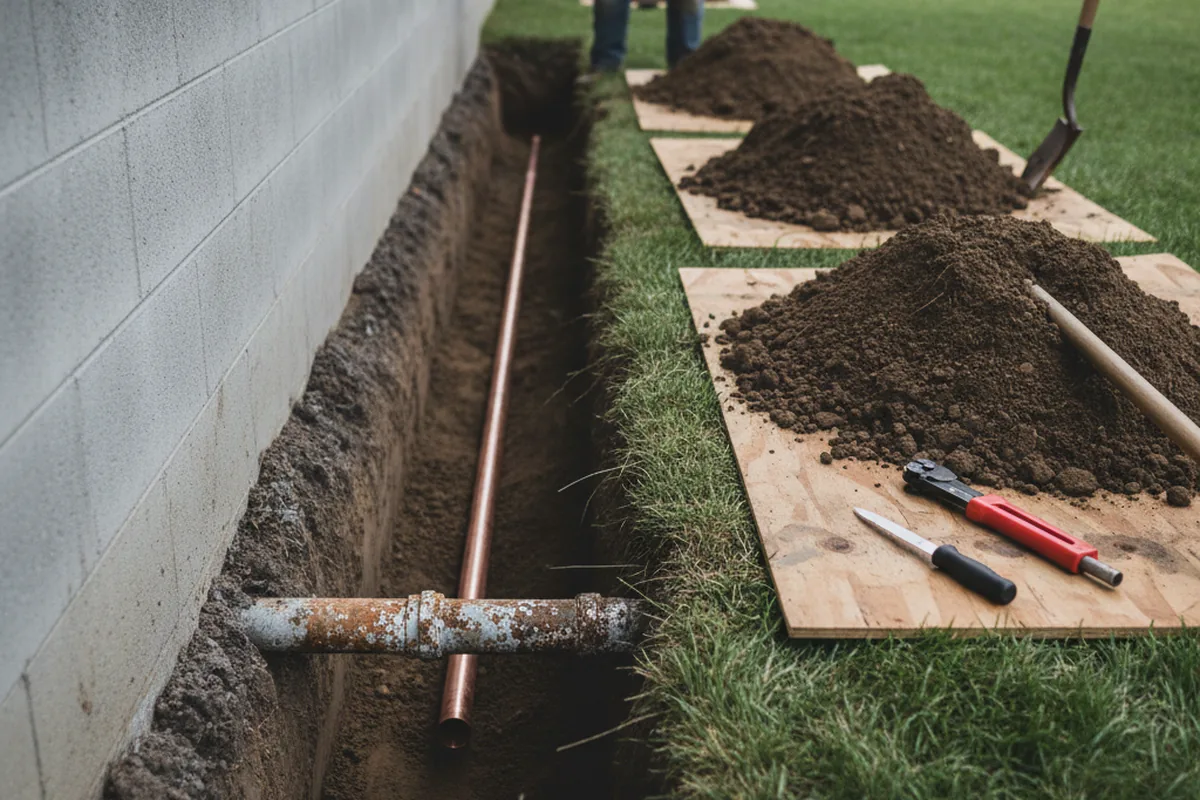 Excavated water line trench during Water Softener Installation in Schuyler Lake